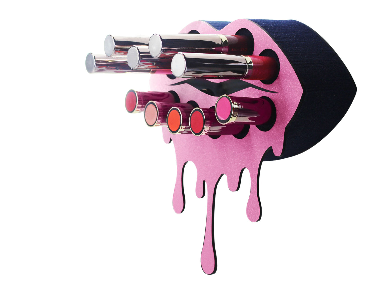 Small Lip Design Lipstick Organizer holding 10 lipsticks mounted on the wall with lipstick easily accessible and organized. Hanging Lipstick Holder that looks like wall art. The background is white.