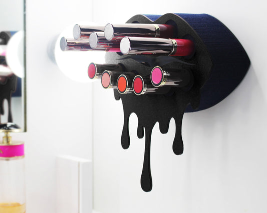 Black Small Lip Design Lipstick Organizer holding 10 lipsticks mounted on the wall with lipstick easily accessible and organized. Hanging Lipstick Holder that looks like wall art. 