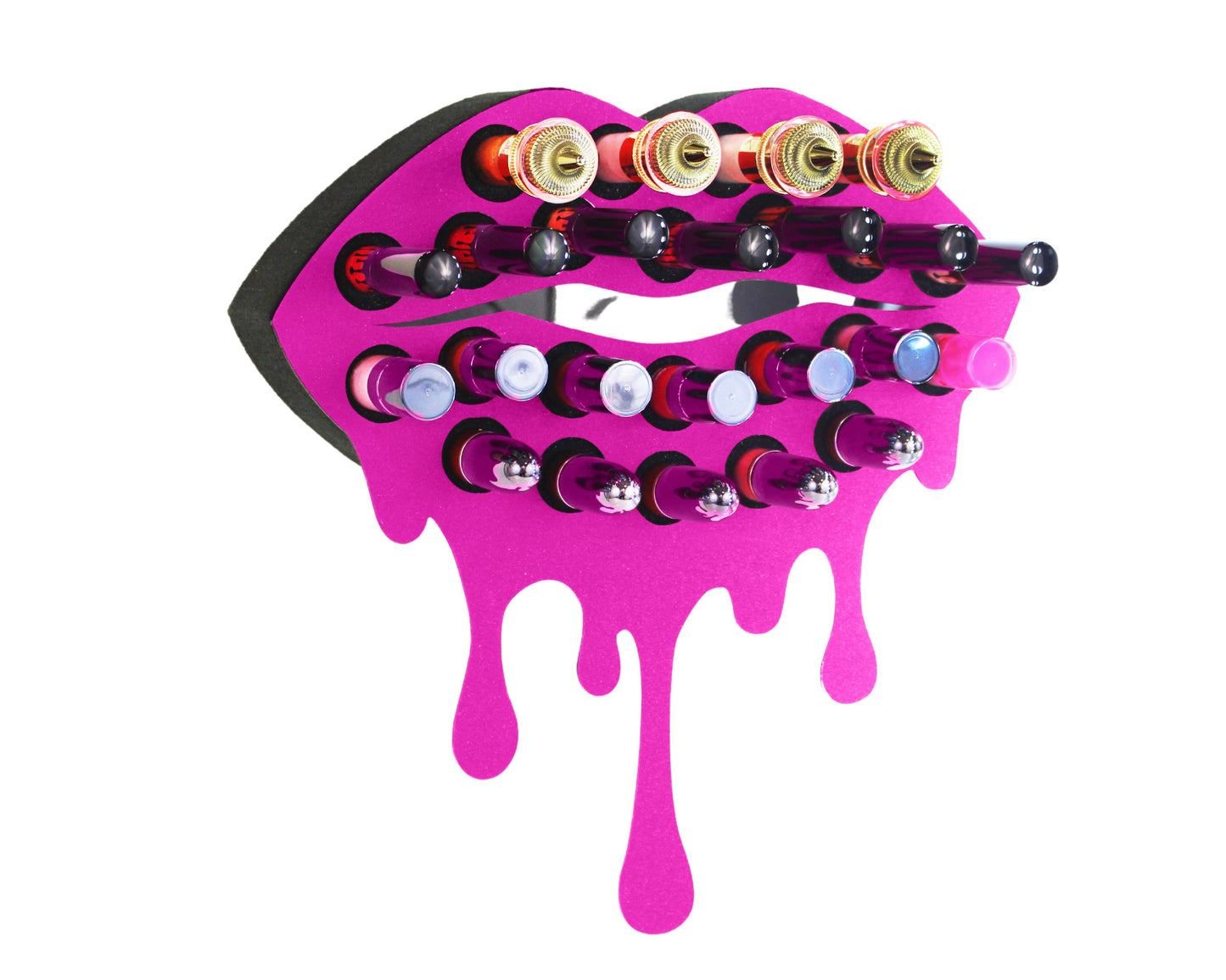 Dark Pink Medium Lip Design Lipstick Organizer holding 23 lipsticks mounted on the wall with lipstick easily accessible and organized. Wall Mount Lipstick Holder that looks like wall art. The background is white.