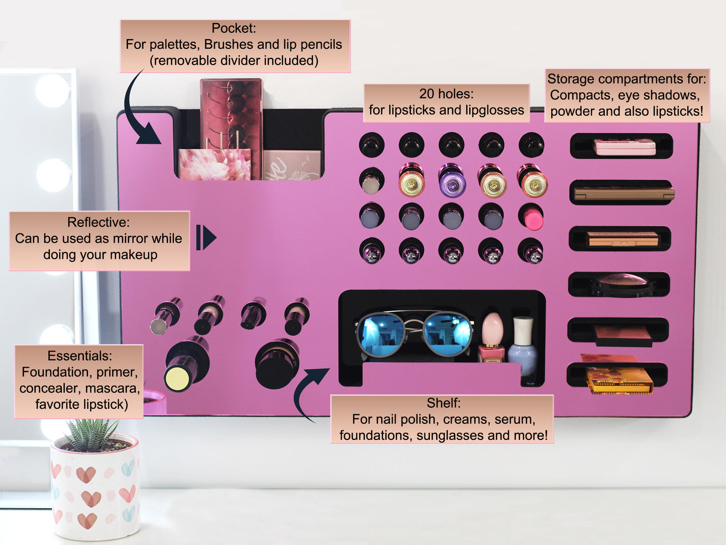 Description of Product Examples To Be Used In Mirror Pink Ultra Complete Makeup Organizer Solution.