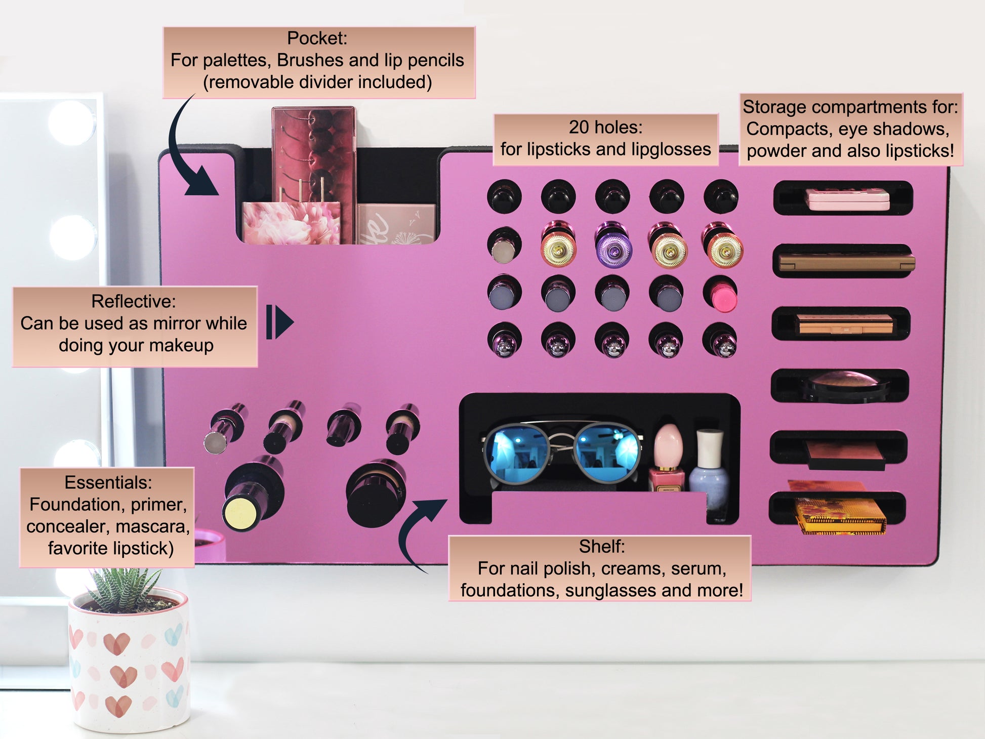 Description of Product Examples To Be Used In Mirror Pink Ultra Complete Makeup Organizer Solution.