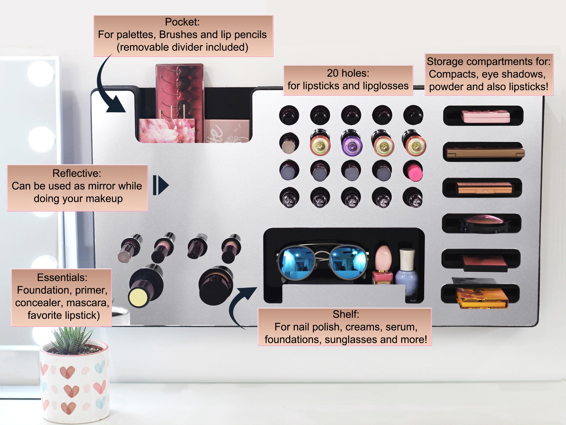 Description of Product Examples To Be Used In Mirror Silver Ultra Complete Makeup Organizer Solution.