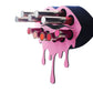 Small Lip Design Lipstick Organizer holding 10 lipsticks mounted on the wall with lipstick easily accessible and organized. Hanging Lipstick Holder that looks like wall art. The background is white.