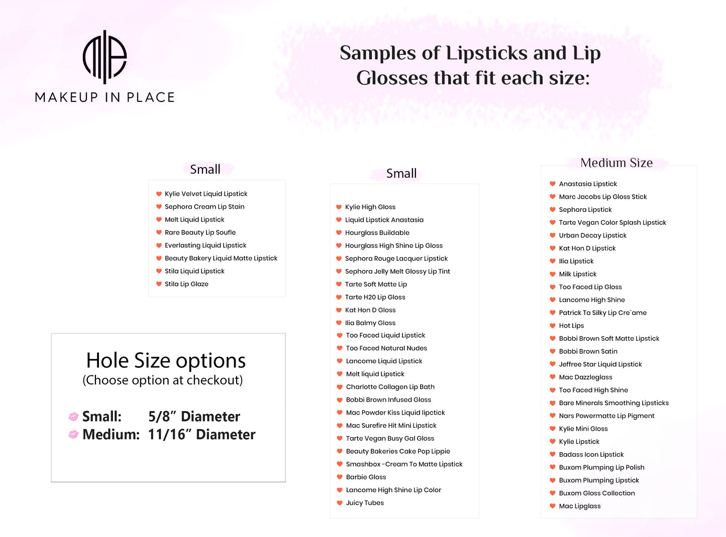 List of sample lipsticks and lip glosses that fit inside the circular holes on the wall hanging makeup organizer.