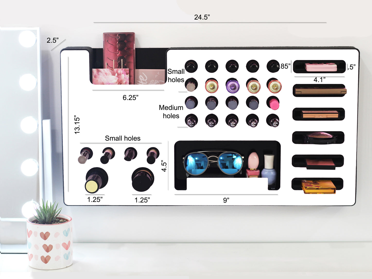 Measurements for Black Ultra Complete Makeup Organizer Solution - Lipstick Palette Brush Foundation Holder. Organizer on display in this photo is white for better readability. .