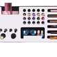 White Ultra Complete Makeup Solution Organizer shown mounted on the wall holding lipsticks, lip glosses, nail polishes, brushes, sunglasses and more by keeping items accessible and off of the counter. Shown next to a makeup vanity with samples of suggested items the organizer can hold. Shown with a white background.